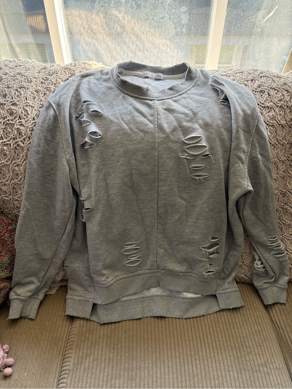Allie Rae Ladies Distressed Crewneck Sweatshirt - Gray - Small